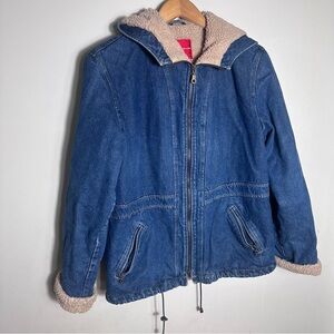 Y2K Denim Sherpa-Lined Zip Hoodie Jacket - Blue
